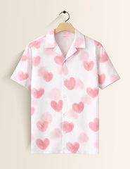 White Pink Heart Printed Valentine Special Boys Half Sleeves Shirts - XPST