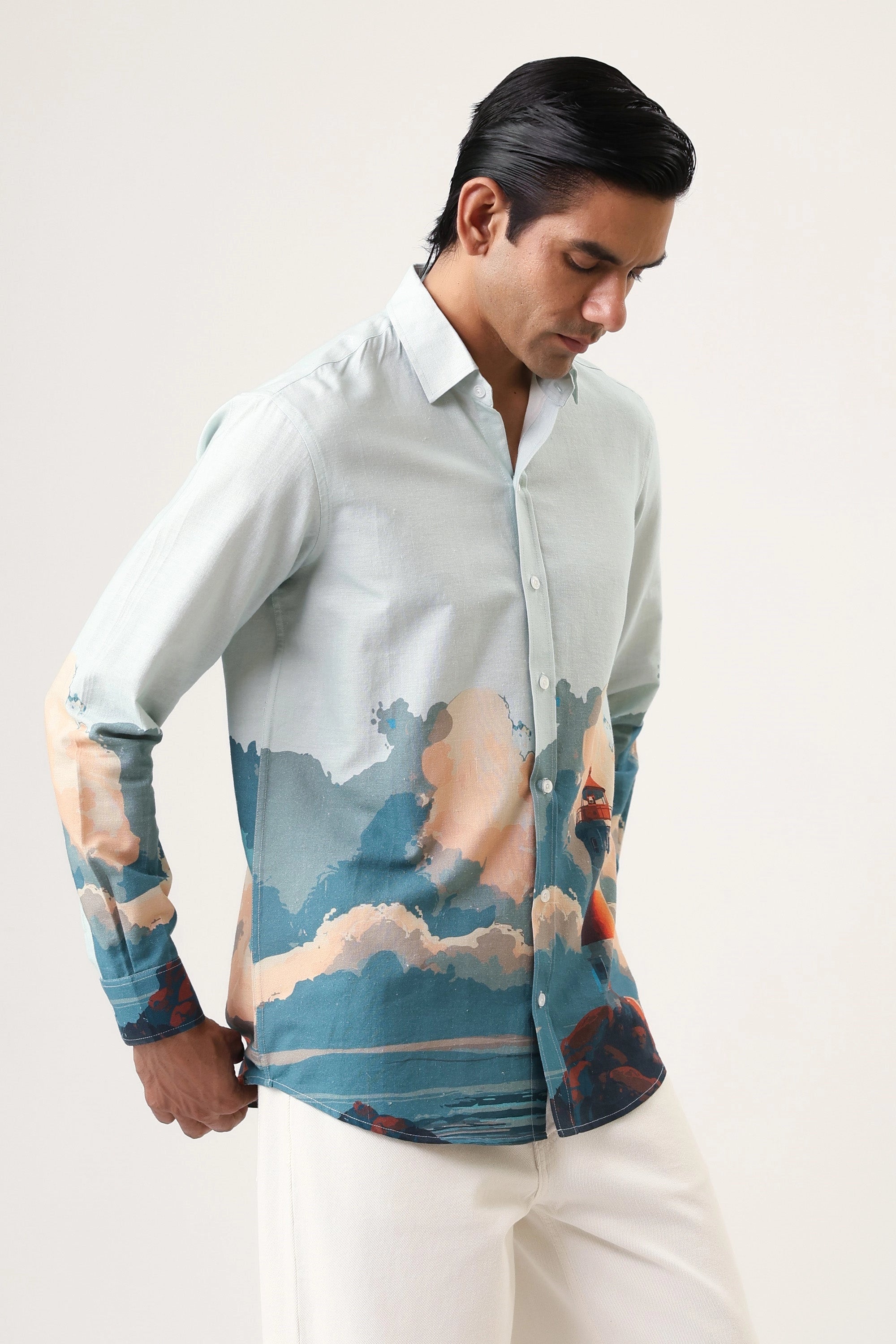 Coastal Lighthouse Men’s Premium Printed Casual Shirt - XPST