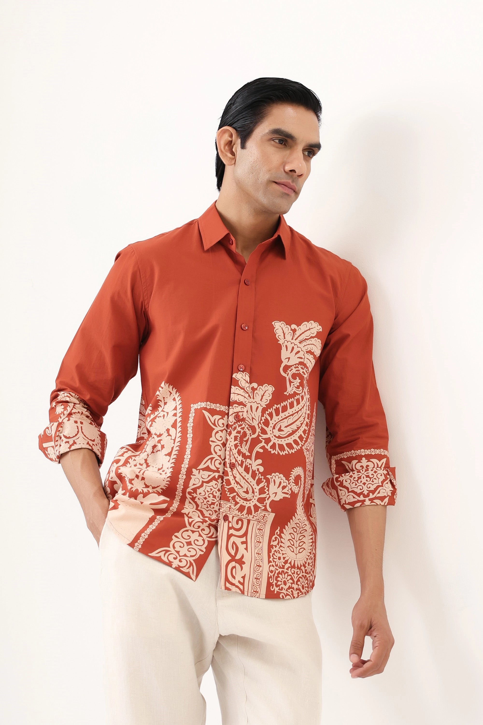 Flower Embroidery Men’s Premium Printed Casual Shirt - XPST