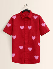 Red Pink Heart Printed Valentine Special Boys Half Sleeves Shirts - XPST