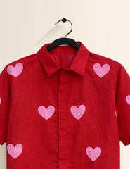 Red Pink Heart Printed Valentine Special Boys Half Sleeves Shirts - XPST