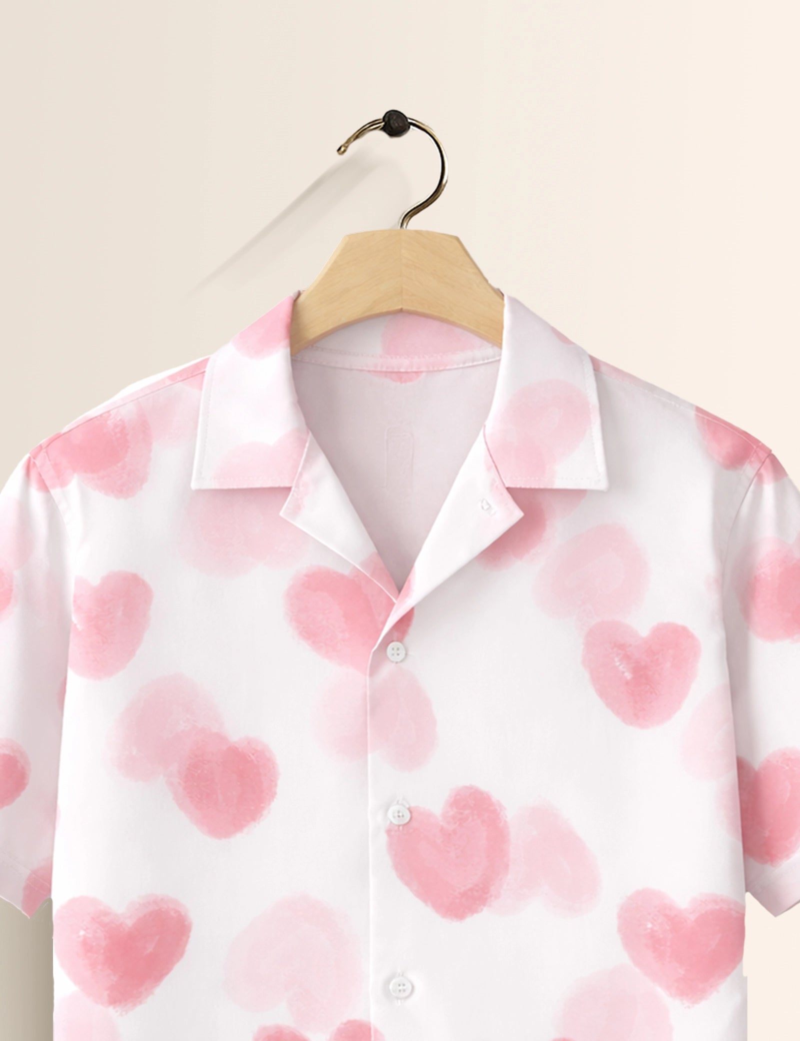 White Pink Heart Printed Valentine Special Boys Half Sleeves Shirts - XPST