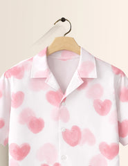 White Pink Heart Printed Valentine Special Boys Half Sleeves Shirts - XPST